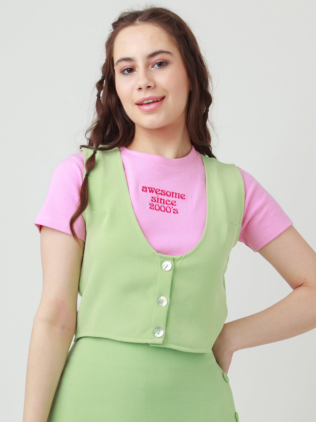 Green & Pink Typographic Regular Top with Jacket