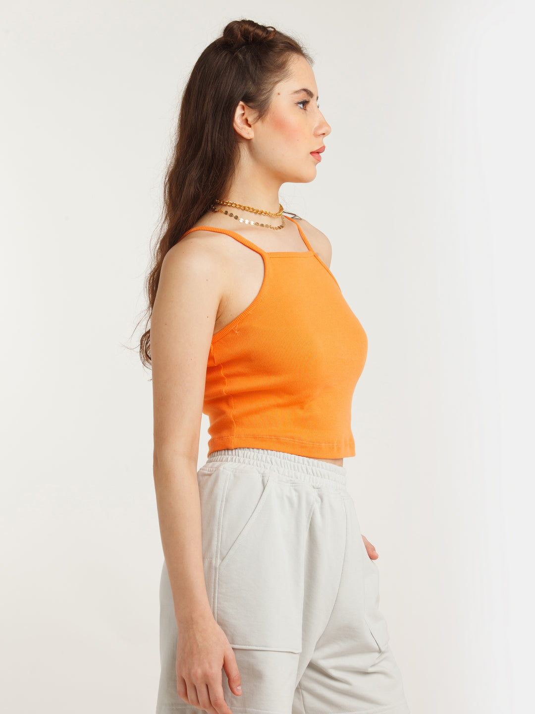 Orange Solid Strappy Top