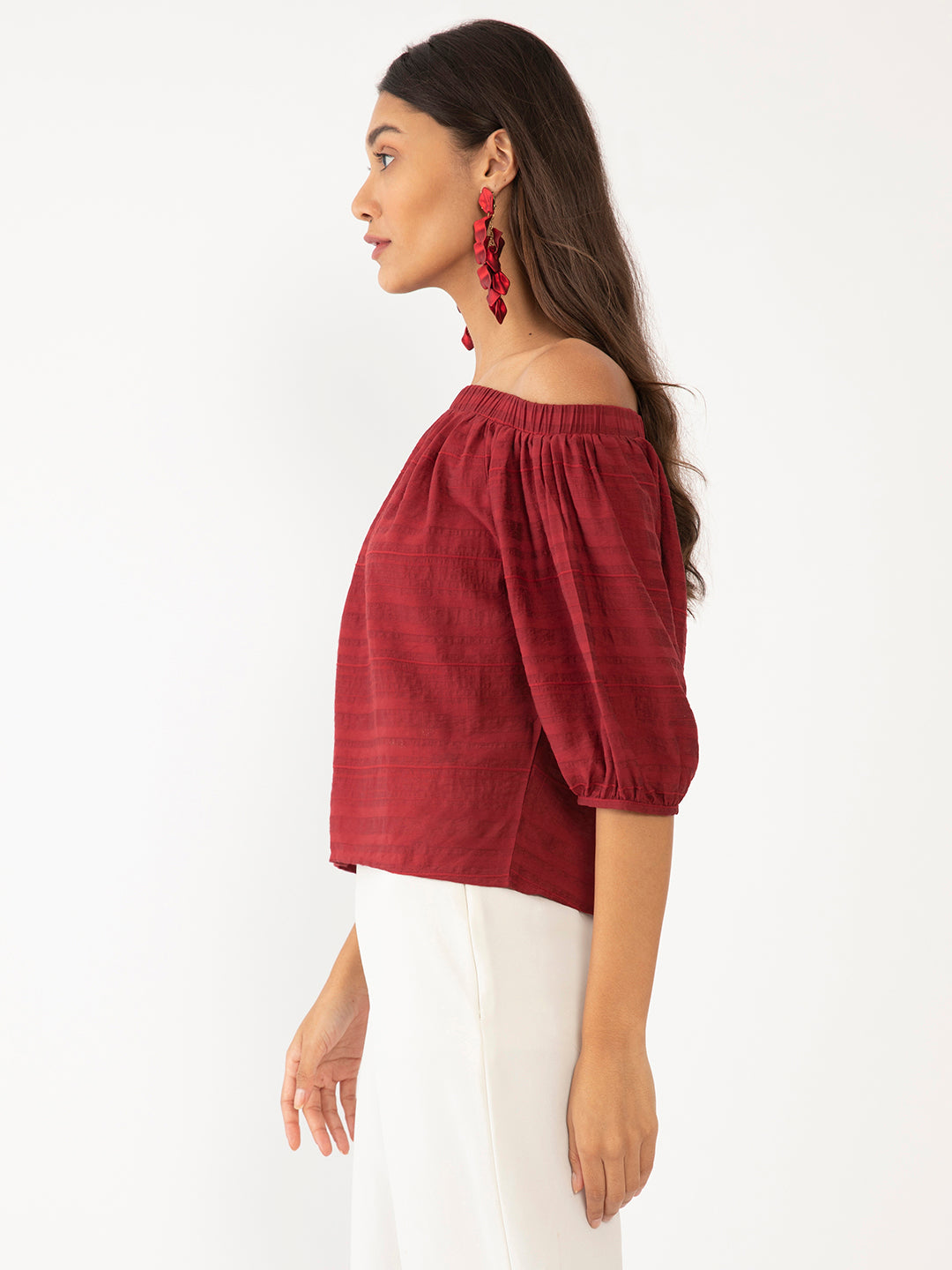 Maroon Textured Off-shoulder Top