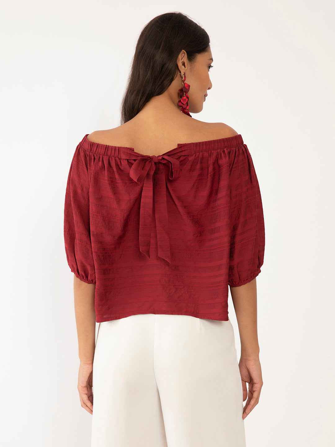 Maroon Textured Off-shoulder Top