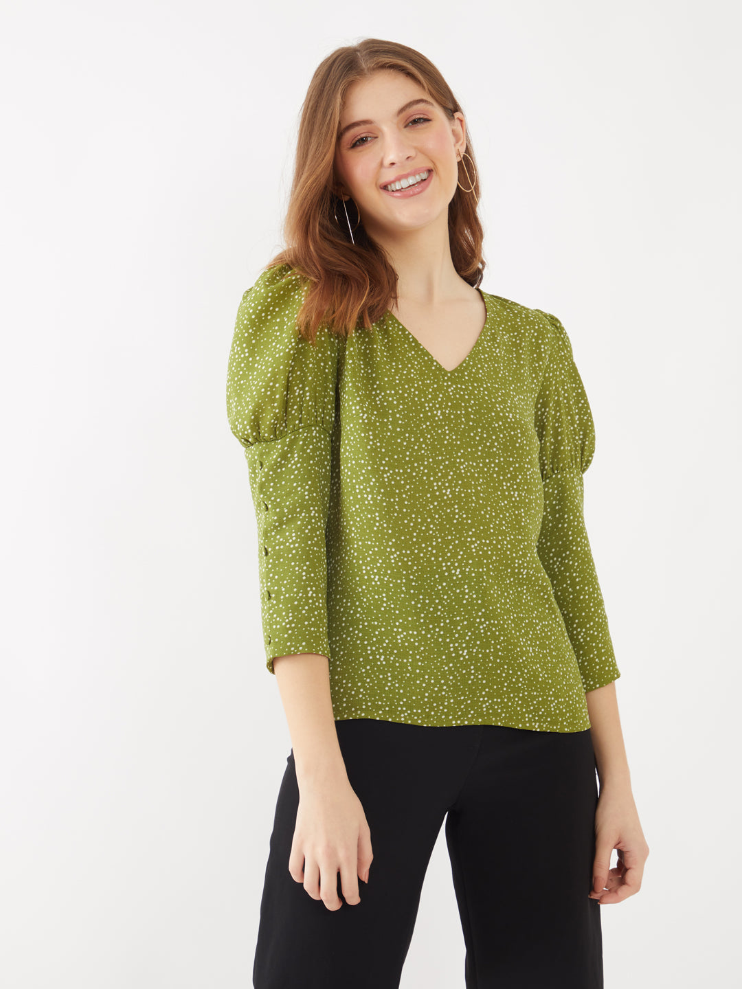 Green Polka Puff Sleeve Top