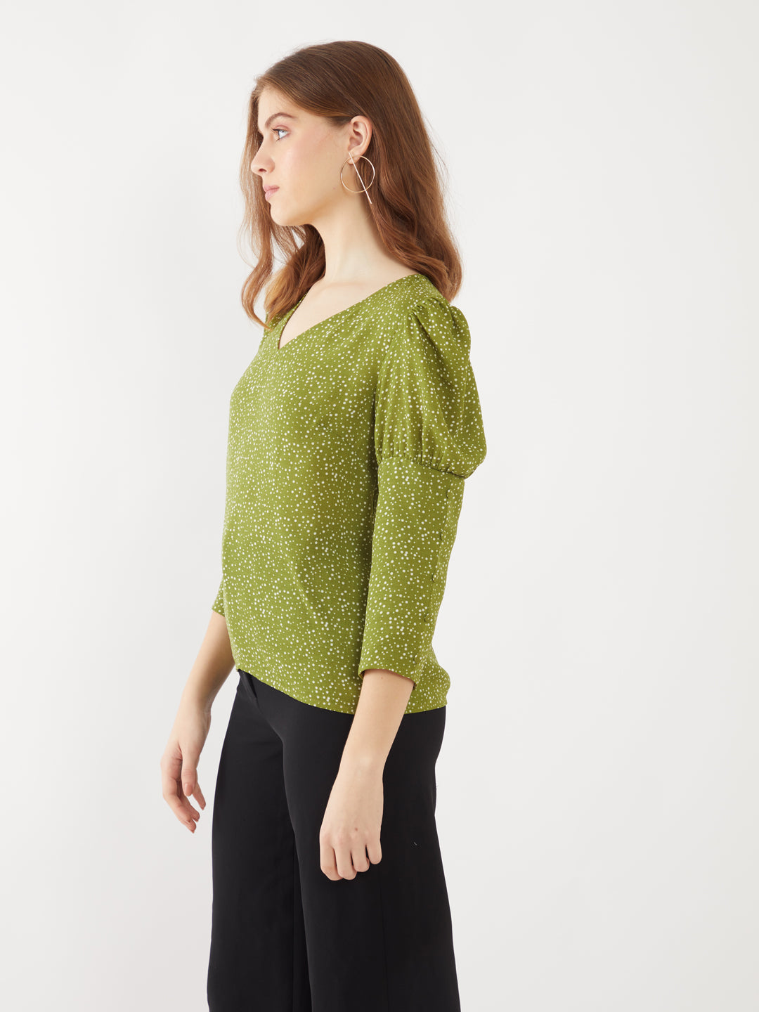 Green Polka Puff Sleeve Top