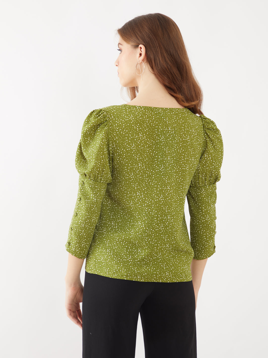 Green Polka Puff Sleeve Top