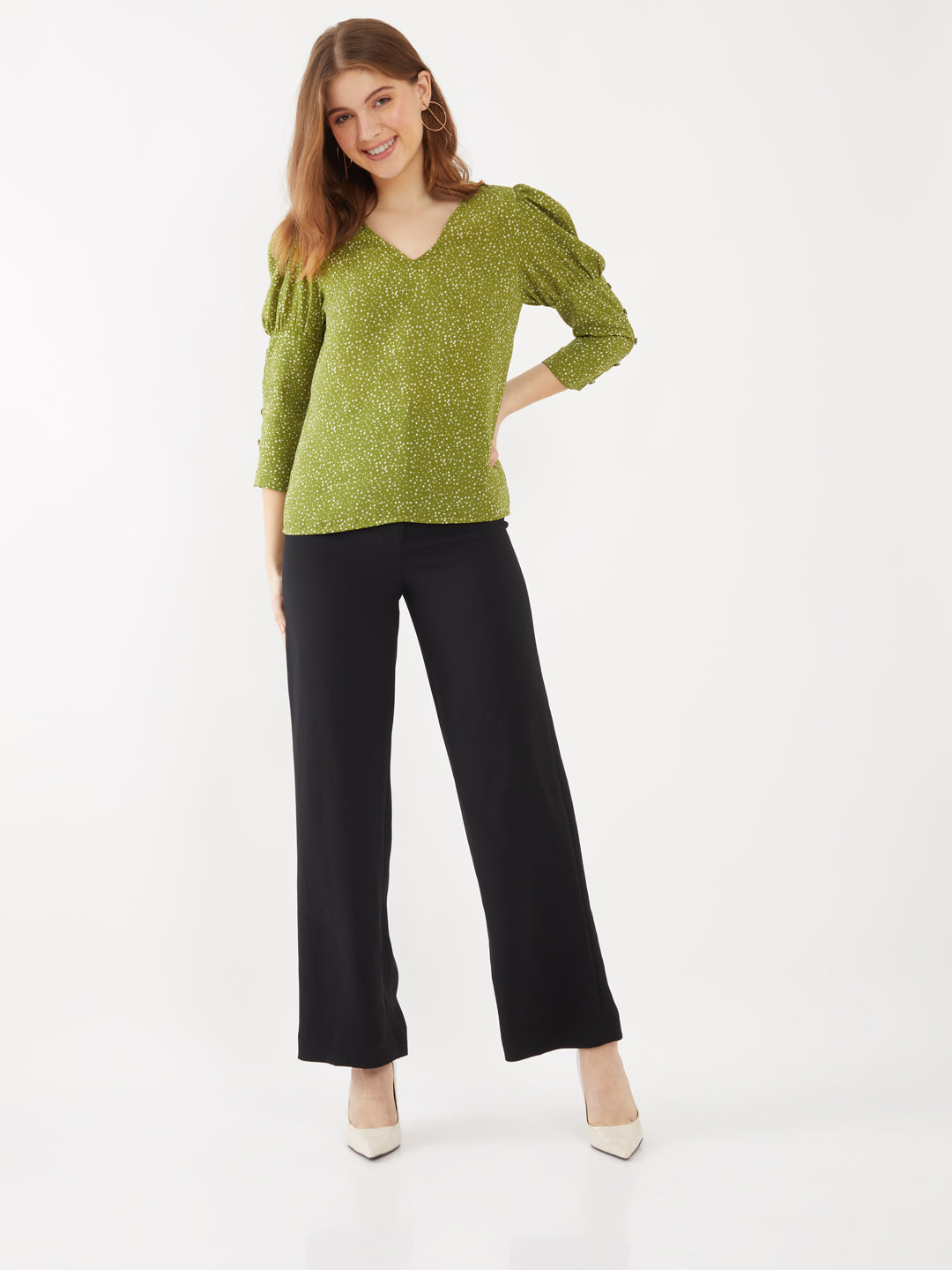 Green Polka Puff Sleeve Top