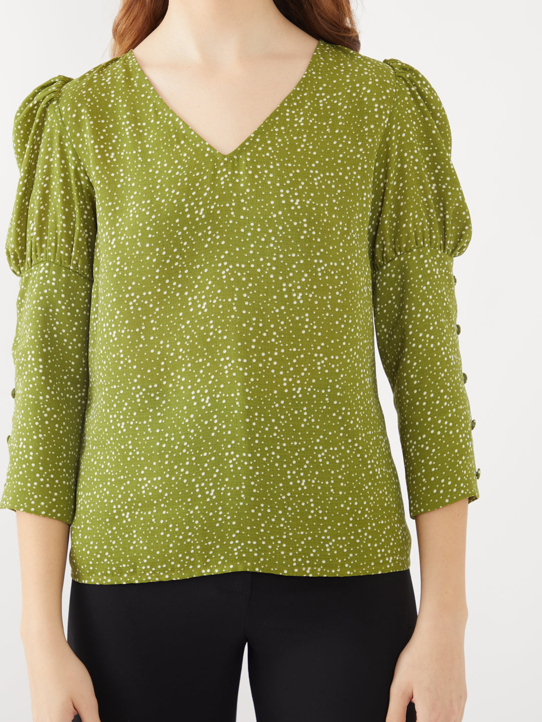 Green Polka Puff Sleeve Top