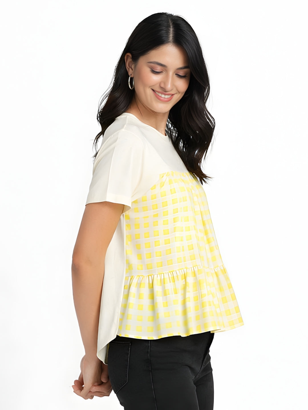 Off White Checked Short Sleeves Top