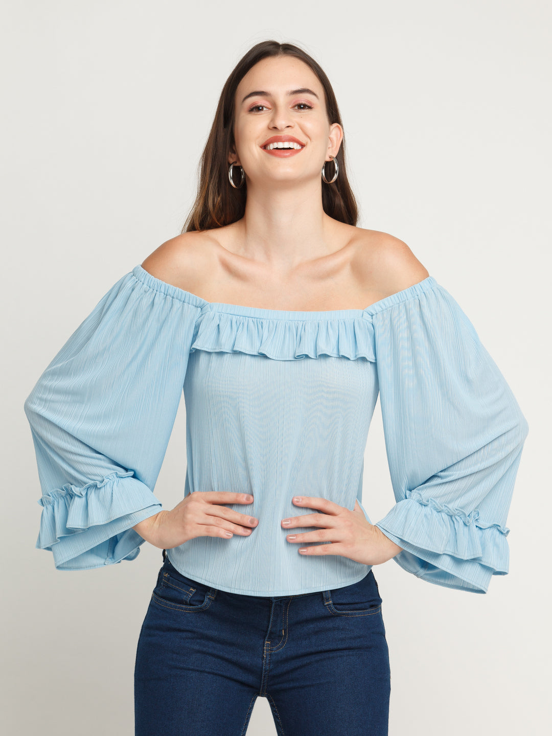 Blue Solid Ruffles Top