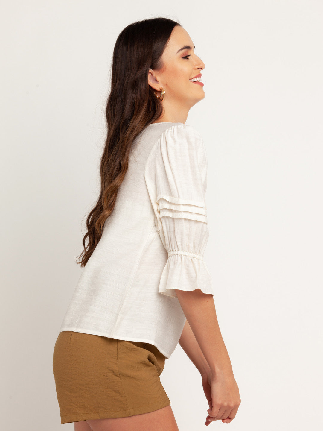 White Solid Puff Sleeve Top