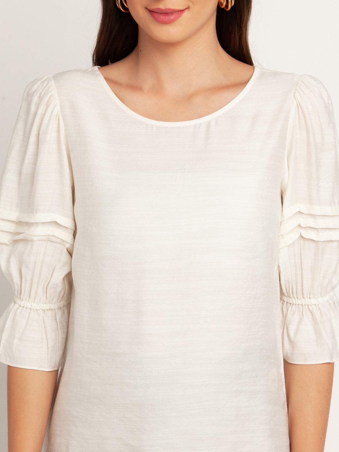 White Solid Puff Sleeve Top