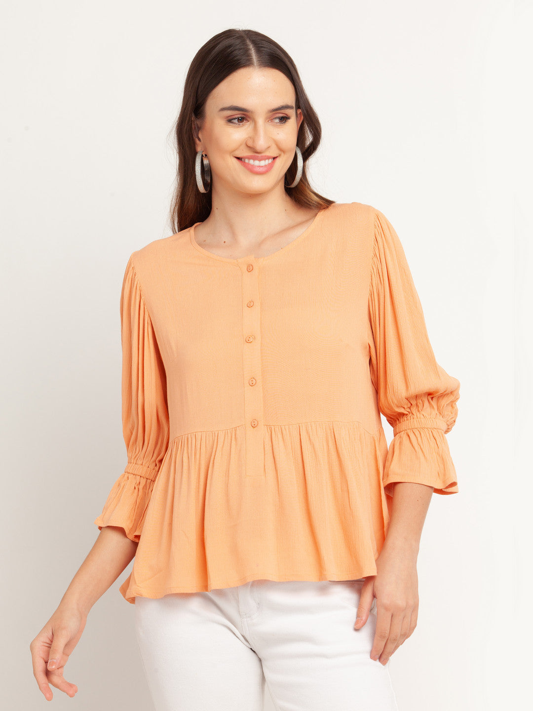 Orange Solid Gathered Top