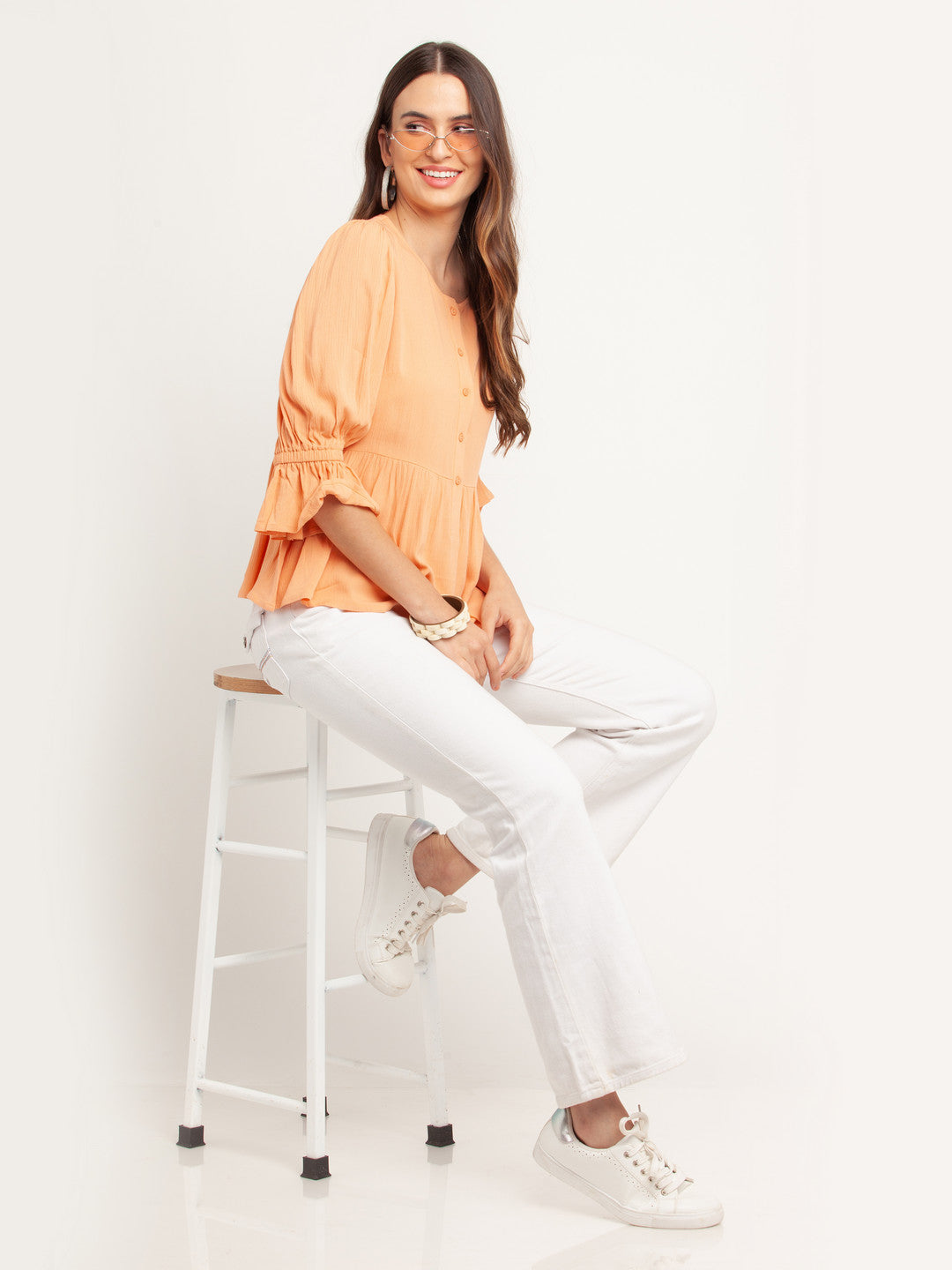 Orange Solid Gathered Top