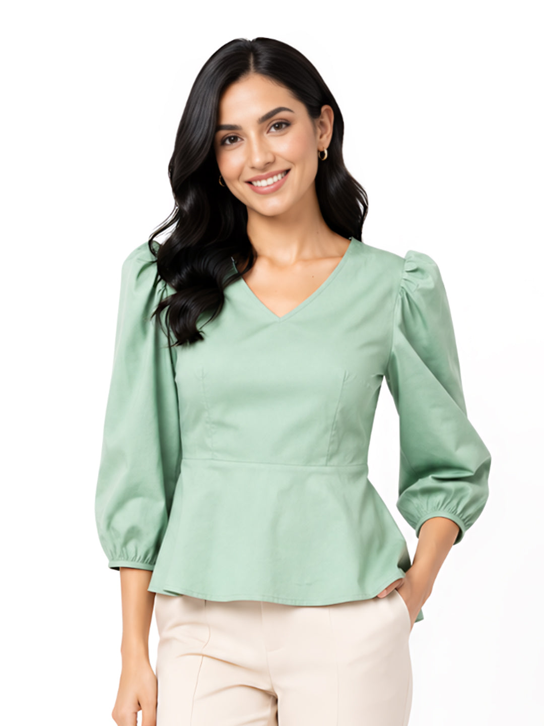 Green Solid Puff Sleeve Top