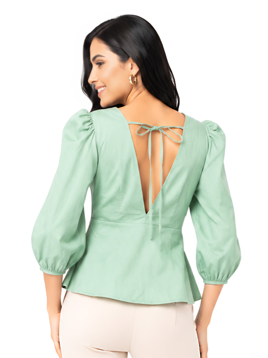 Green Solid Puff Sleeve Top