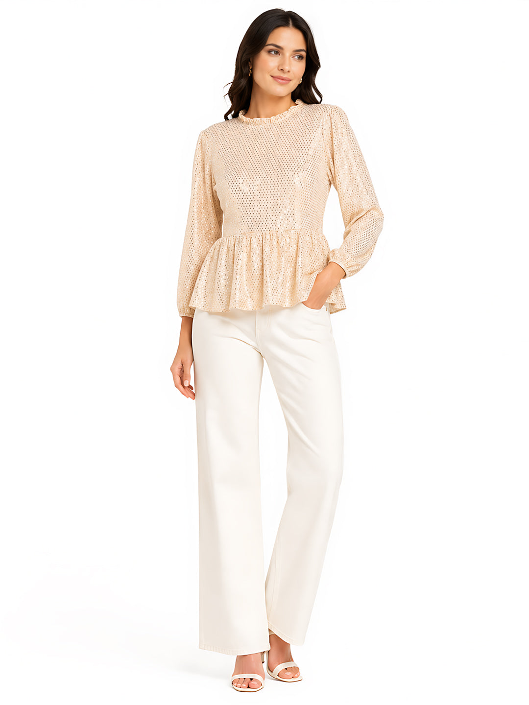 Beige Embellished Puff Sleeve Top