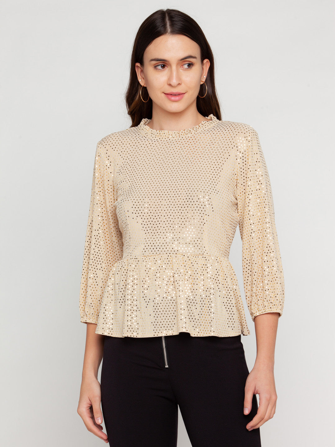 Beige Embellished Puff Sleeve Top