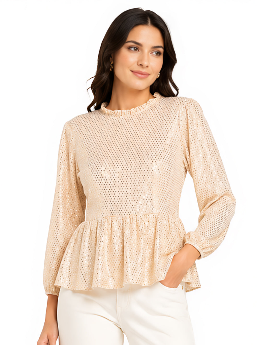 Beige Embellished Puff Sleeve Top