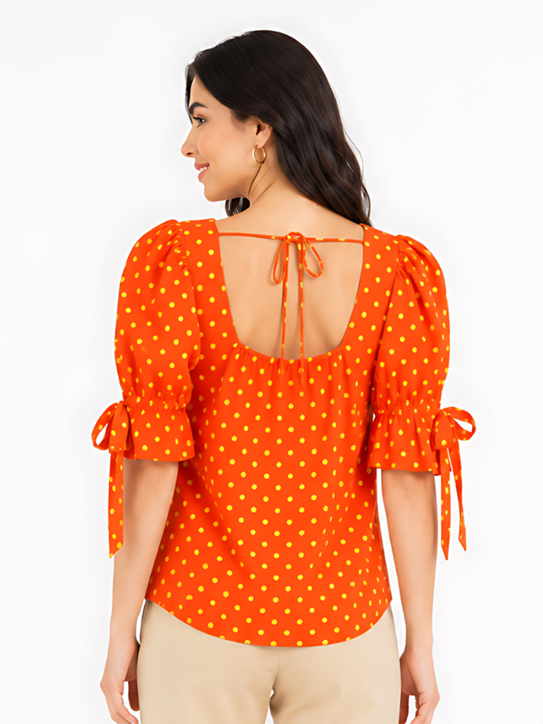 Orange Printed Puff Sleeve Top
