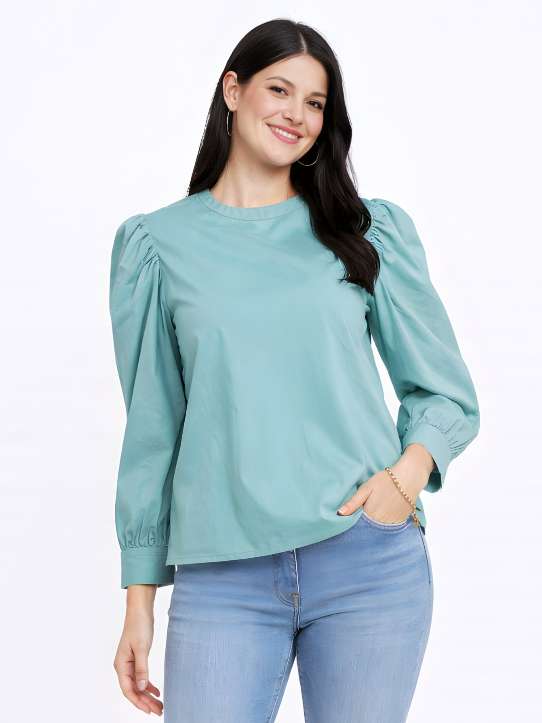 Green Solid Puff Sleeve Top
