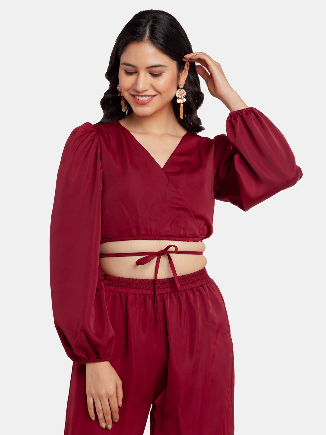 Maroon Solid Puff Sleeve Top