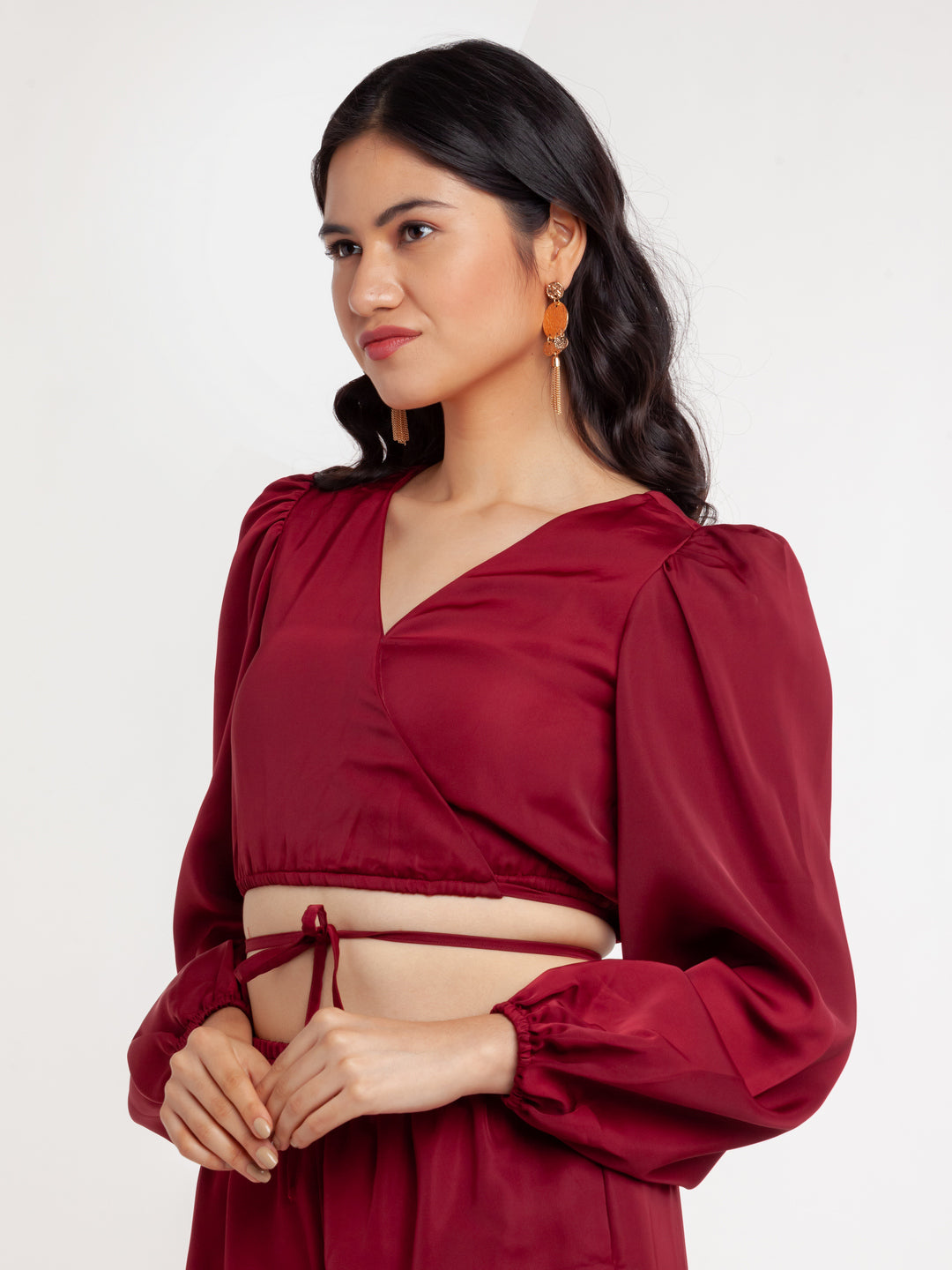 Maroon Solid Puff Sleeve Top