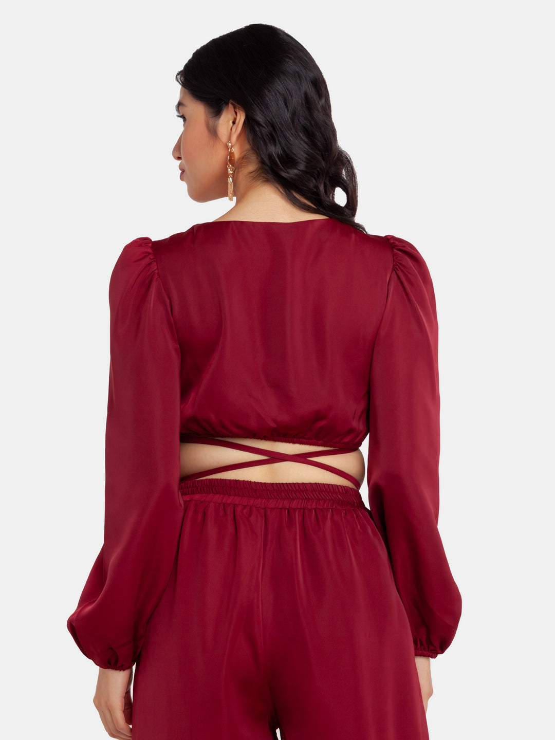 Maroon Solid Puff Sleeve Top