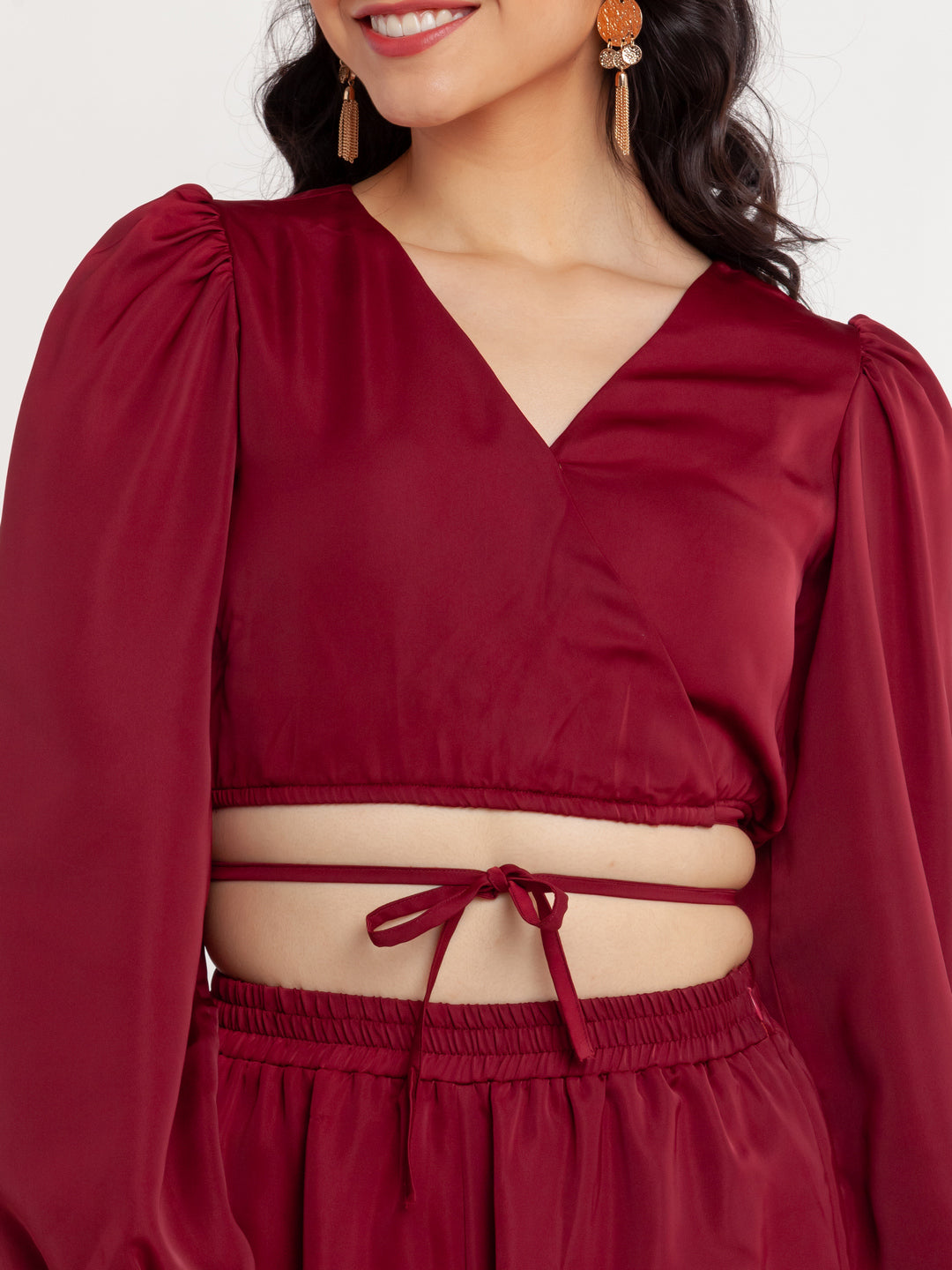 Maroon Solid Puff Sleeve Top