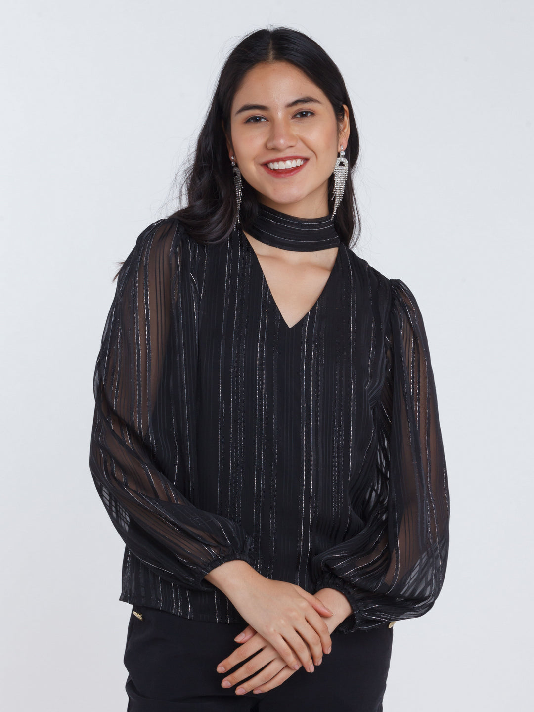 Black Striped Tie-Up Top