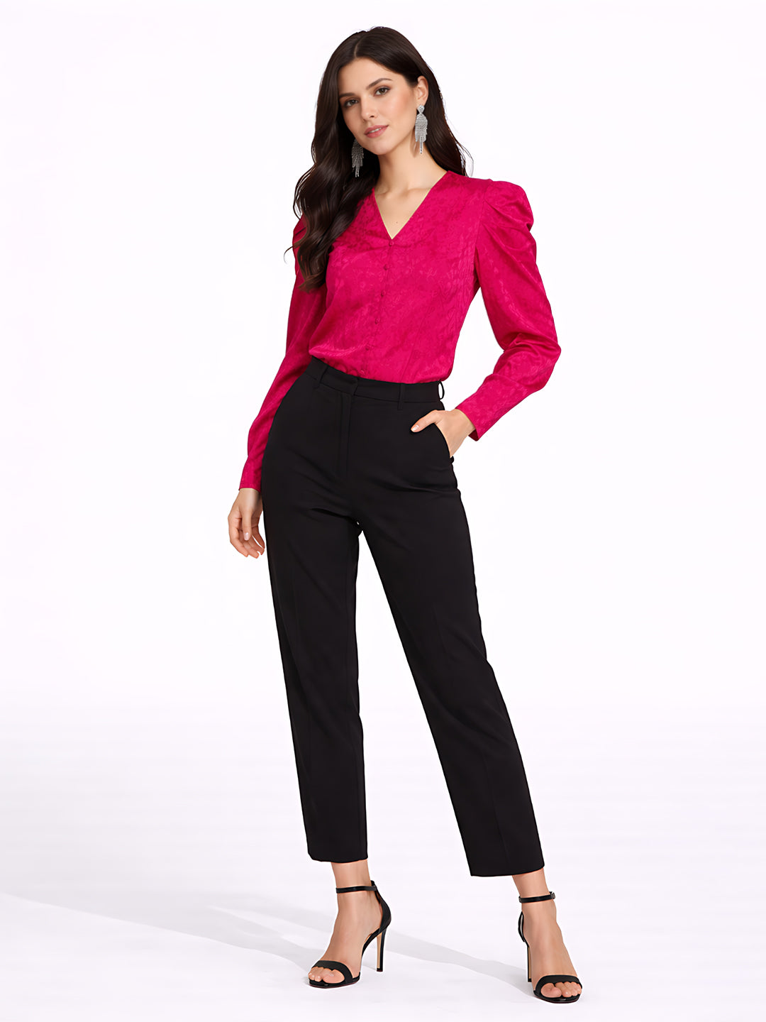 Magenta Self Design Puff Sleeve Top
