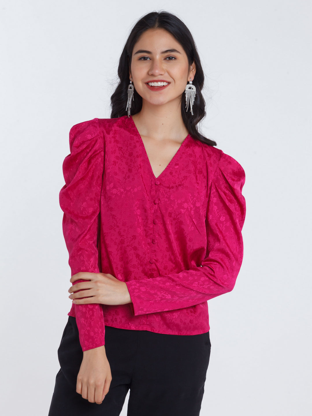 Magenta Self Design Puff Sleeve Top