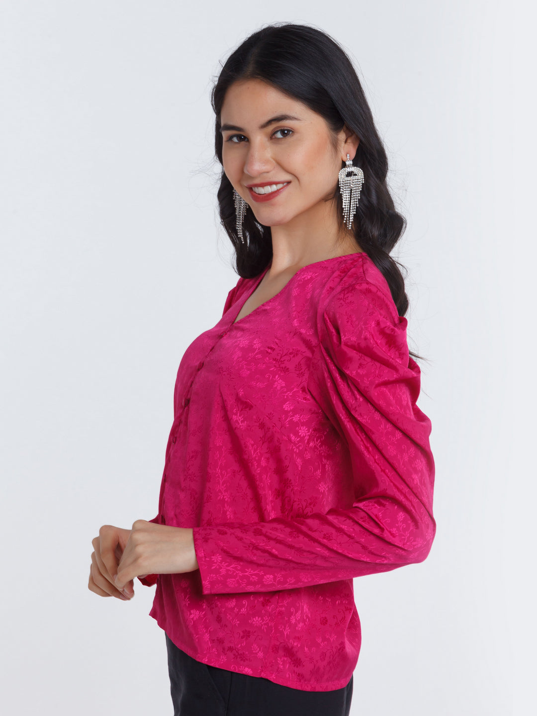 Magenta Self Design Puff Sleeve Top