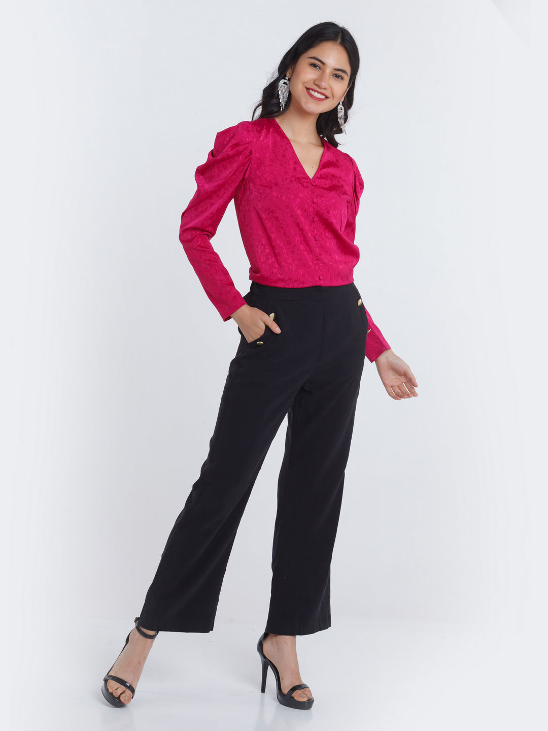 Magenta Self Design Puff Sleeve Top