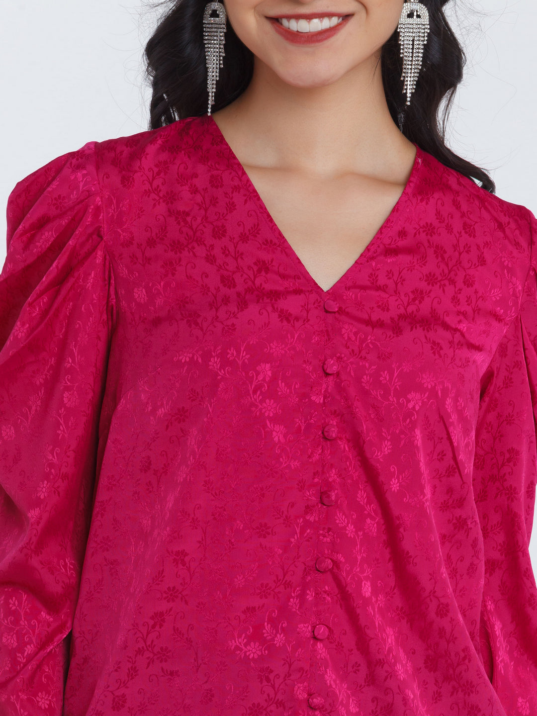 Magenta Self Design Puff Sleeve Top