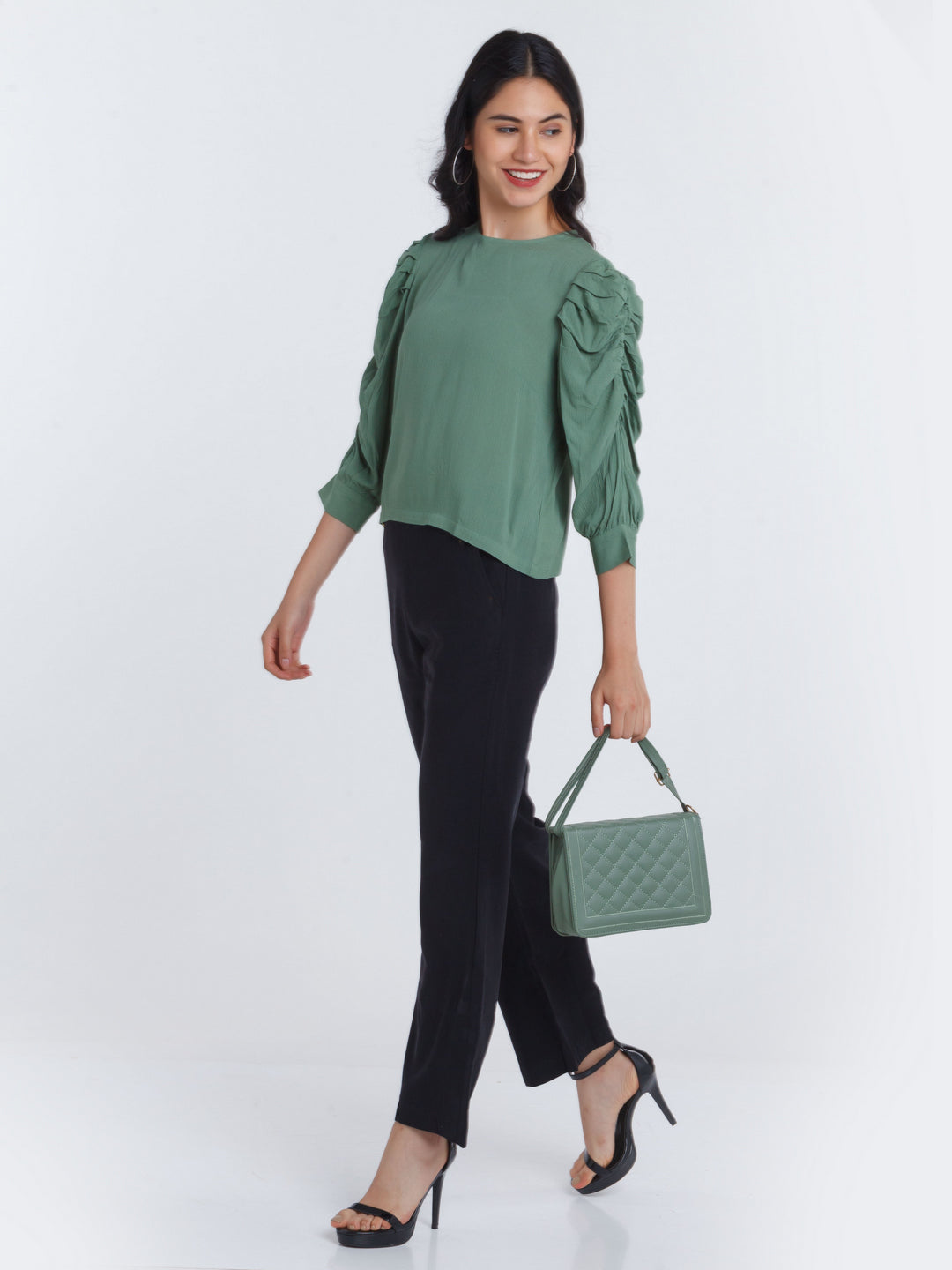 Green Solid Ruched sleeve Top