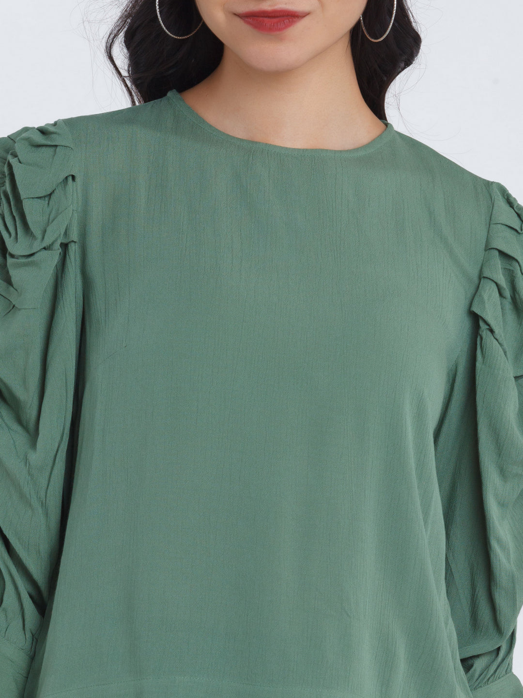 Green Solid Ruched sleeve Top