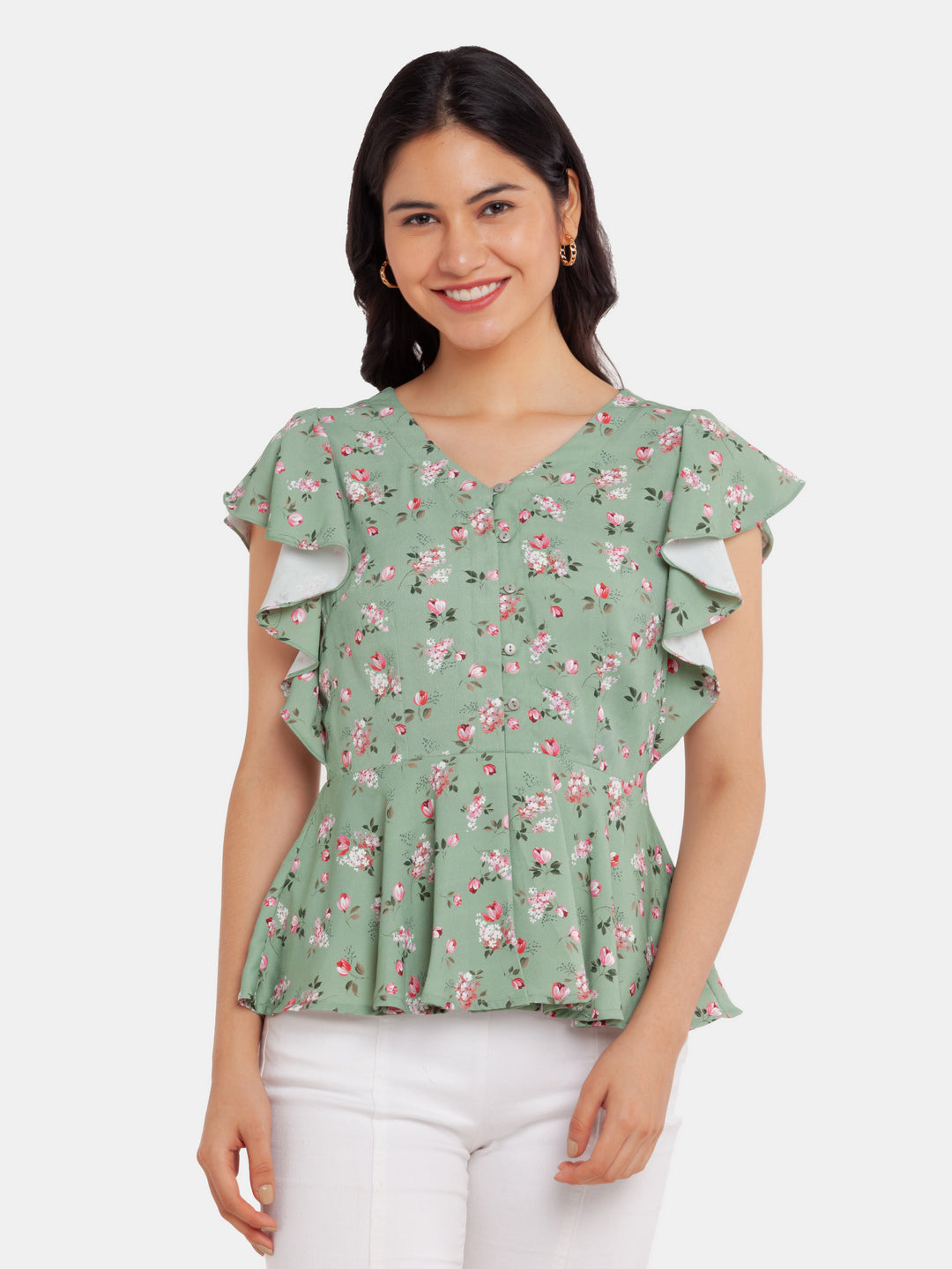 Green Printed Flared Sleeve Top