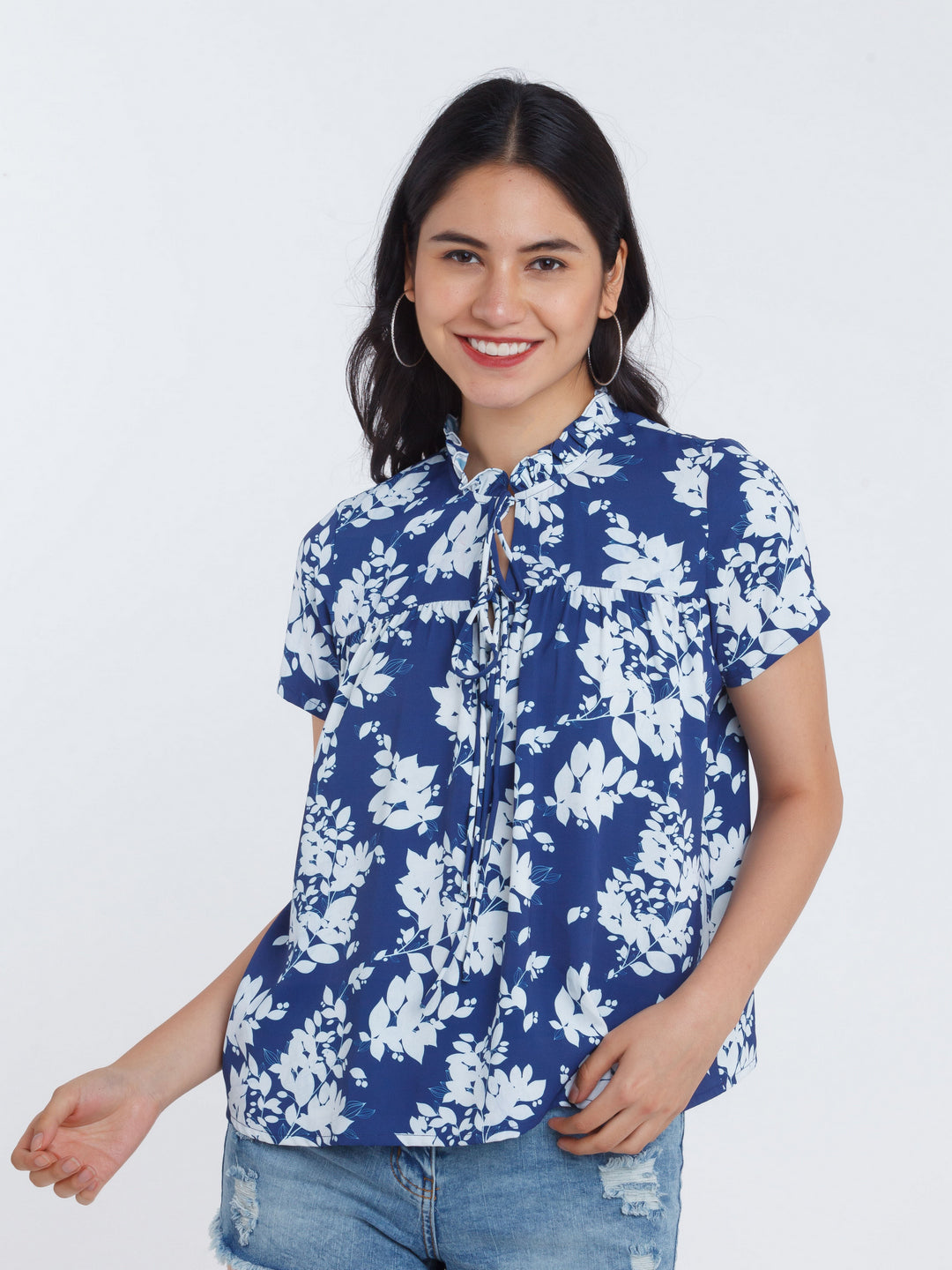 Navy Blue Printed Ruffled Top