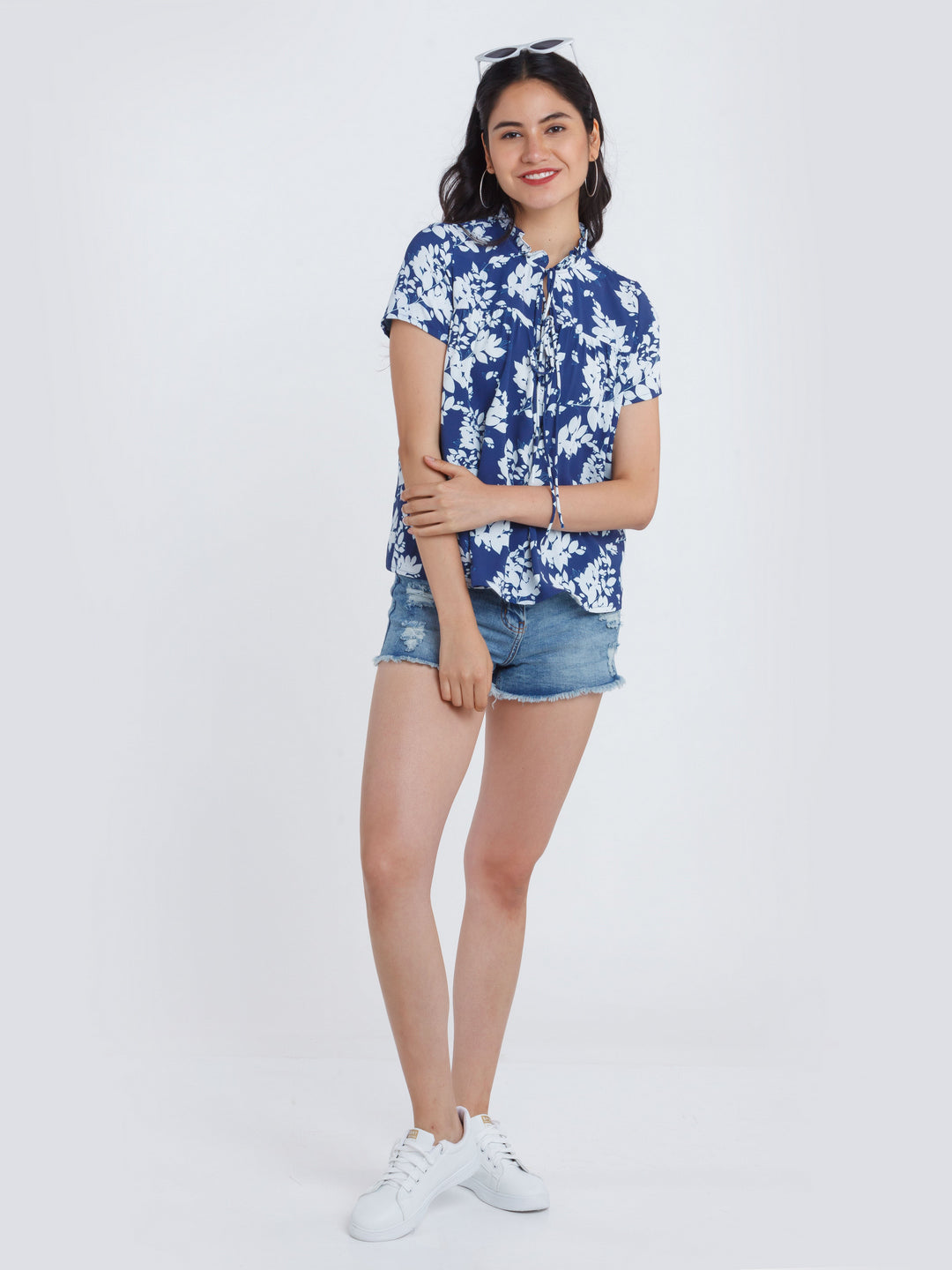 Navy Blue Printed Ruffled Top