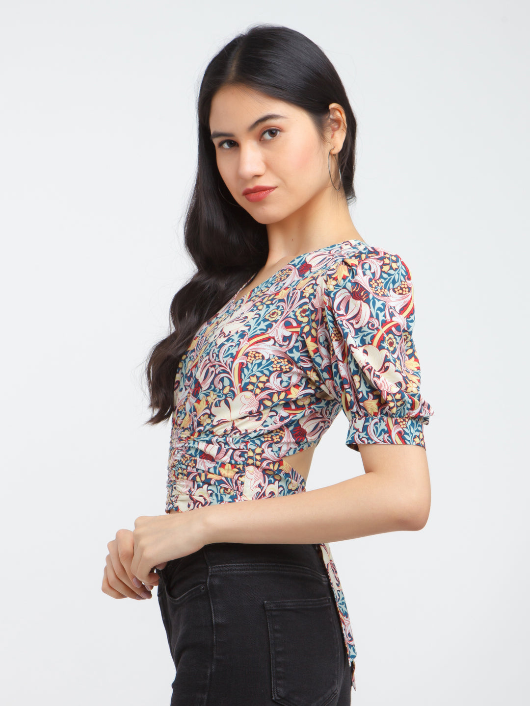 Multicolored Printed Puff Sleeve Top