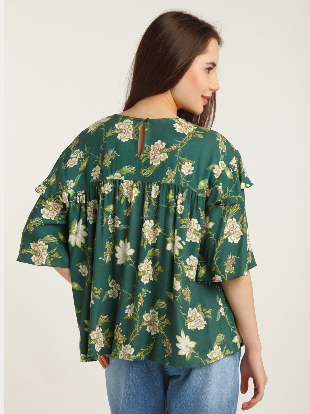 Green Printed Flared Sleeve Top