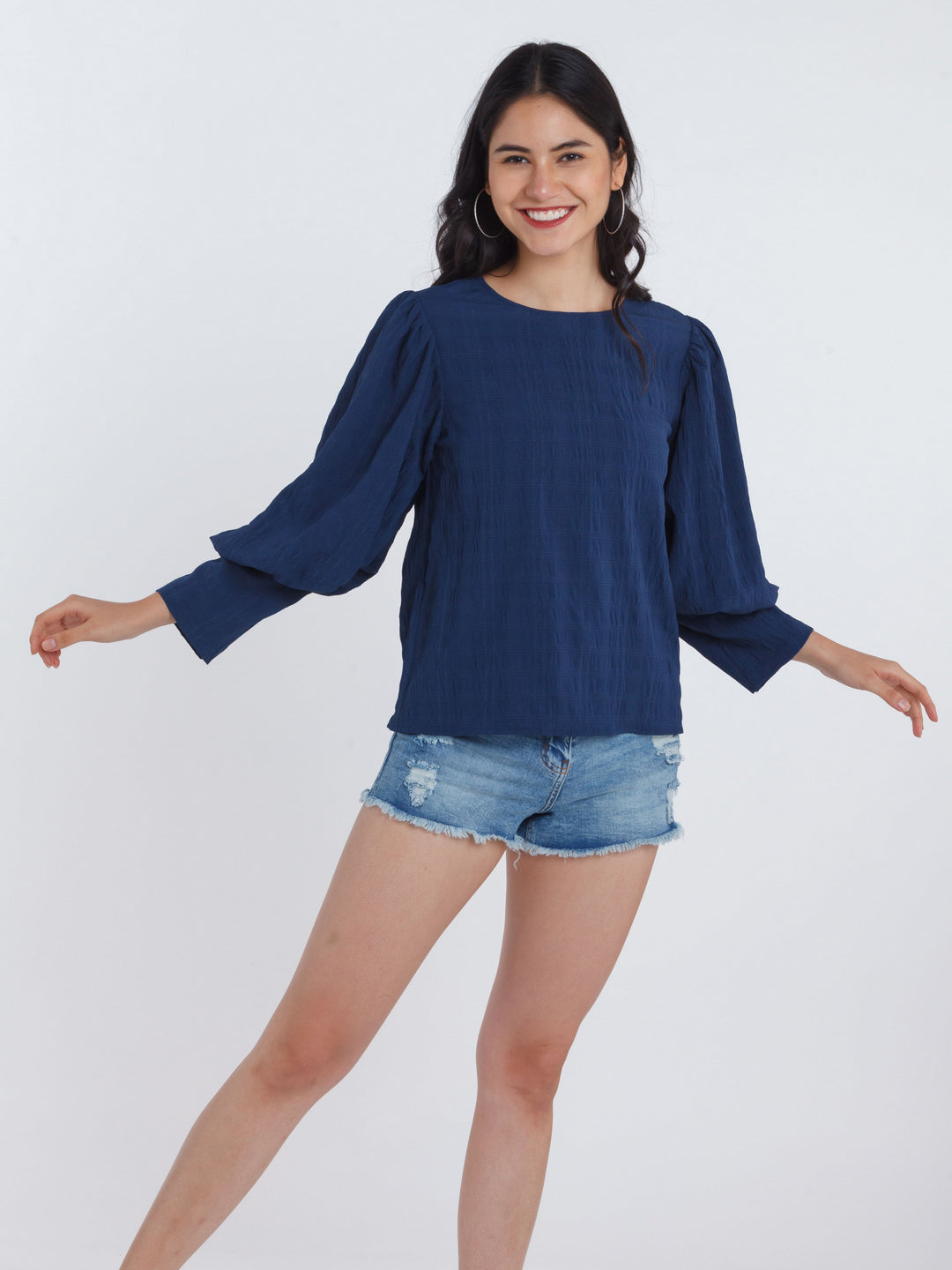 Navy Blue Puff Sleeve Top