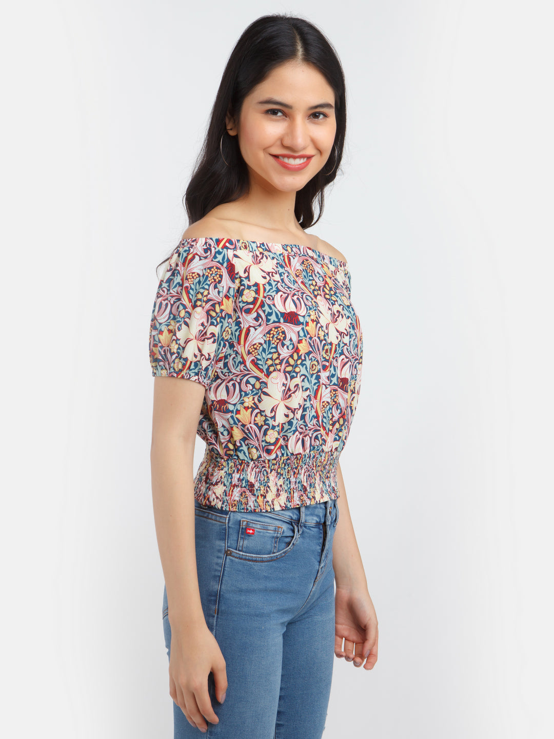 Multicolored Printed Off-shoulder Top