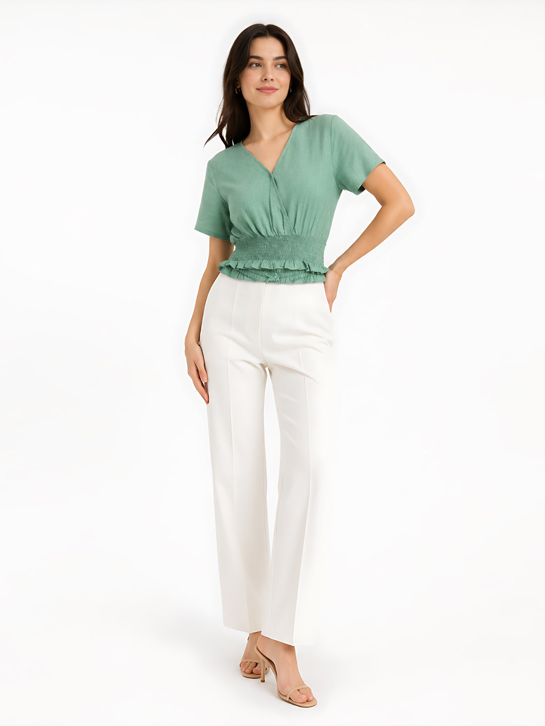 Green Solid Smocking Top