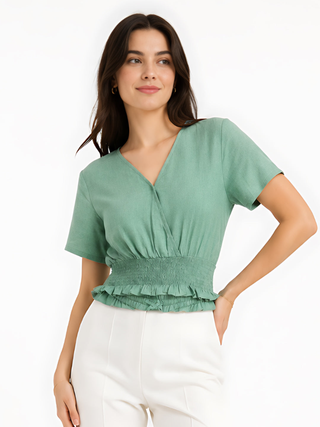 Green Solid Smocking Top