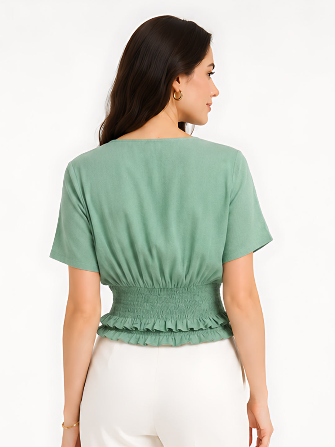 Green Solid Smocking Top