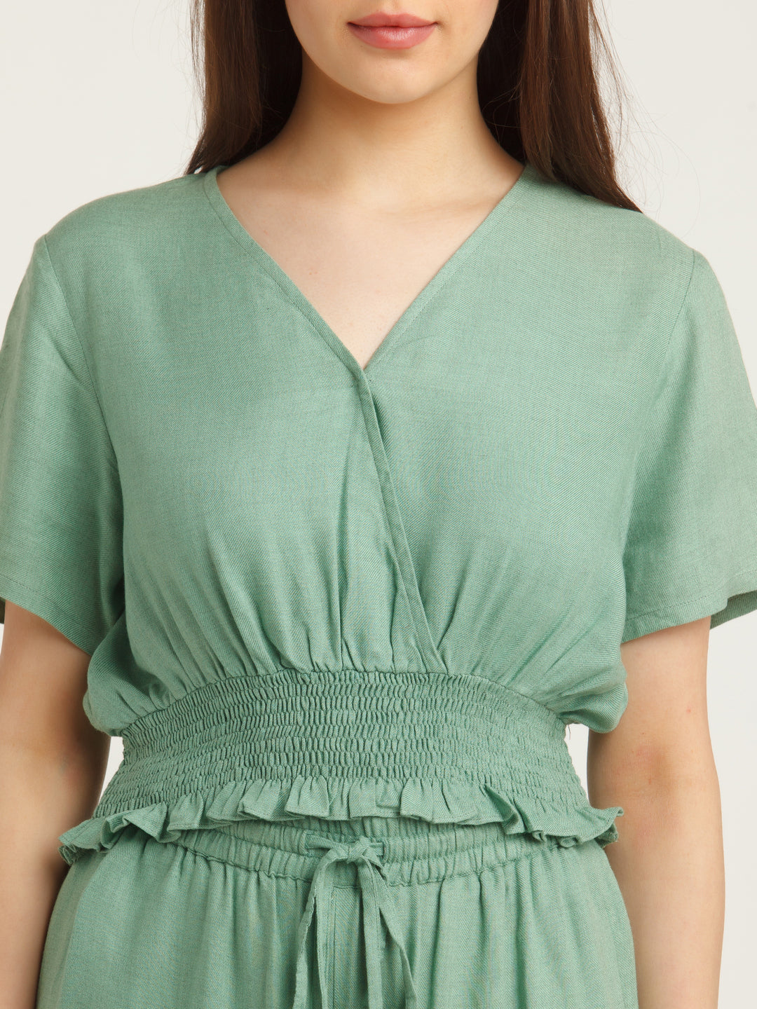 Green Solid Smocking Top