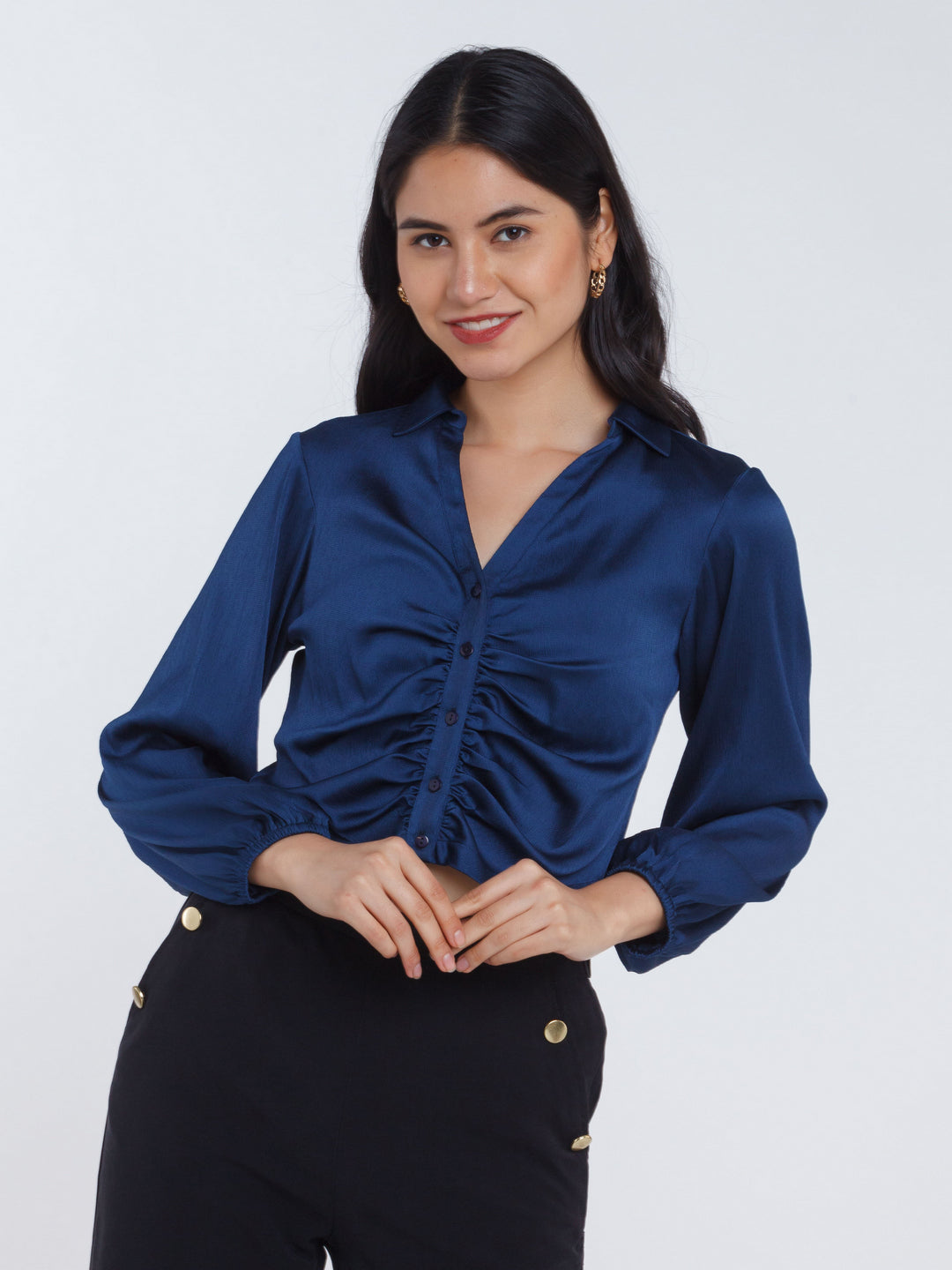 Navy Blue Solid Ruched Crop Top