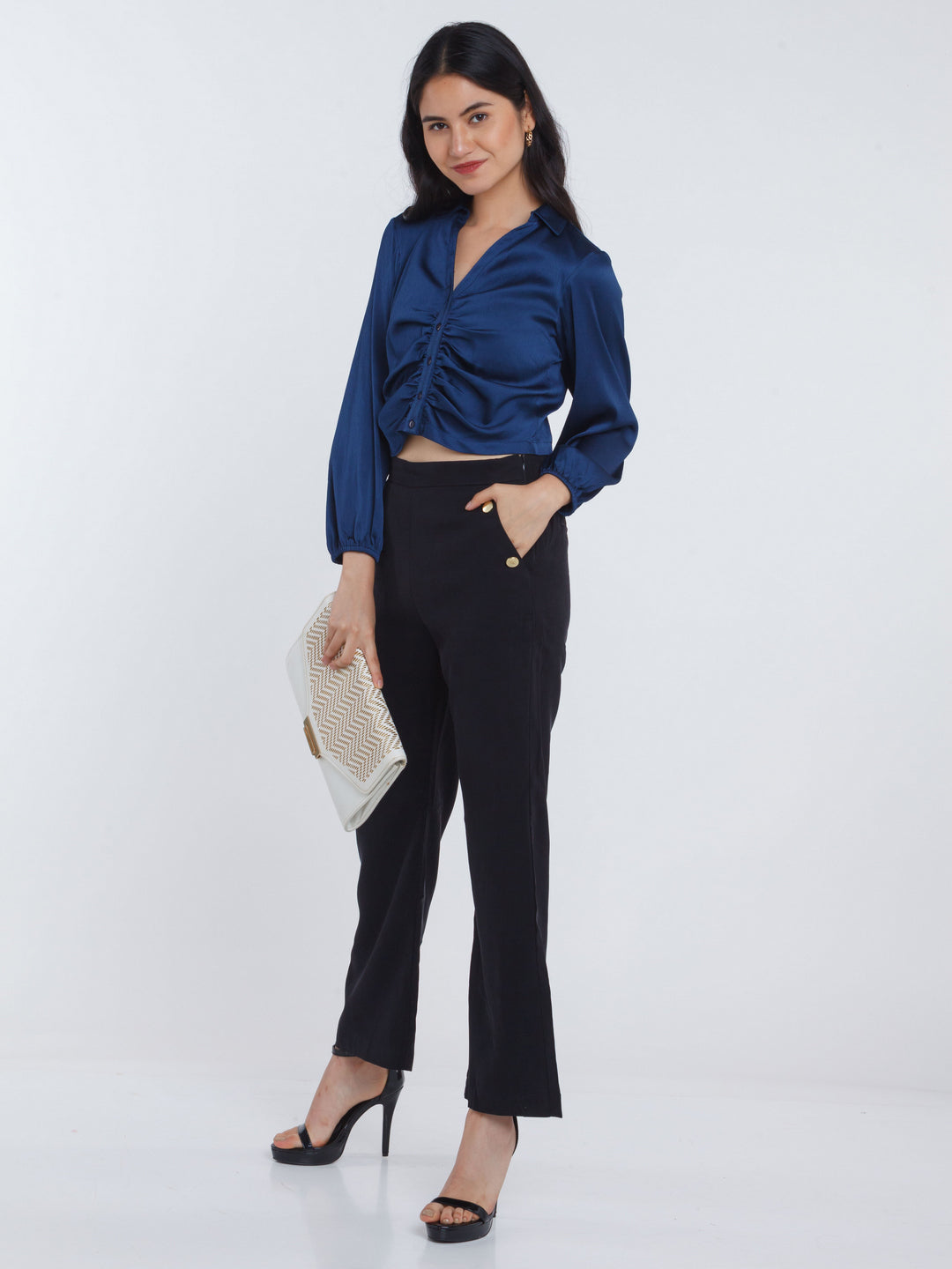 Navy Blue Solid Ruched Crop Top