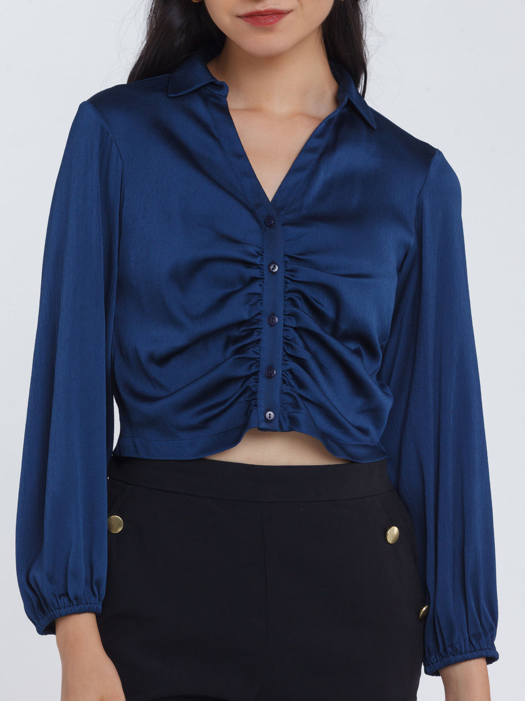 Navy Blue Solid Ruched Crop Top