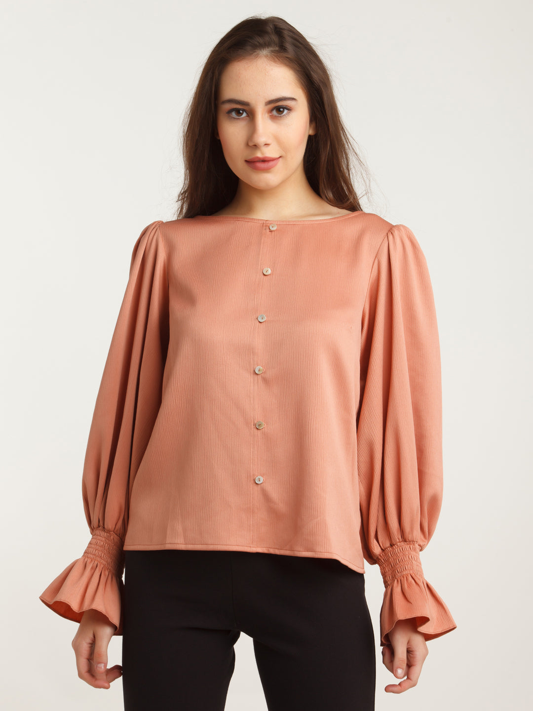 Peach Solid Puff Sleeve Top