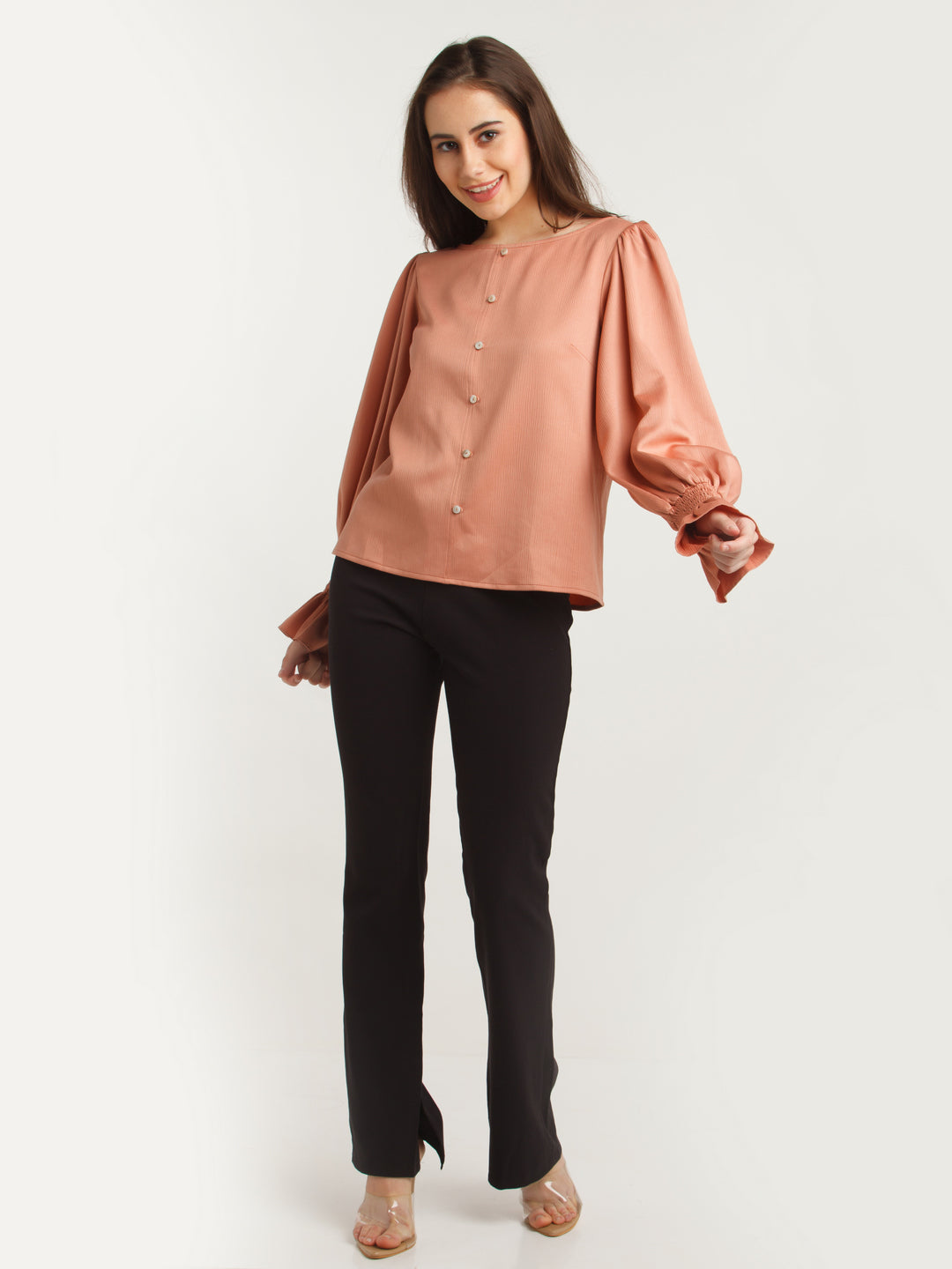 Peach Solid Puff Sleeve Top